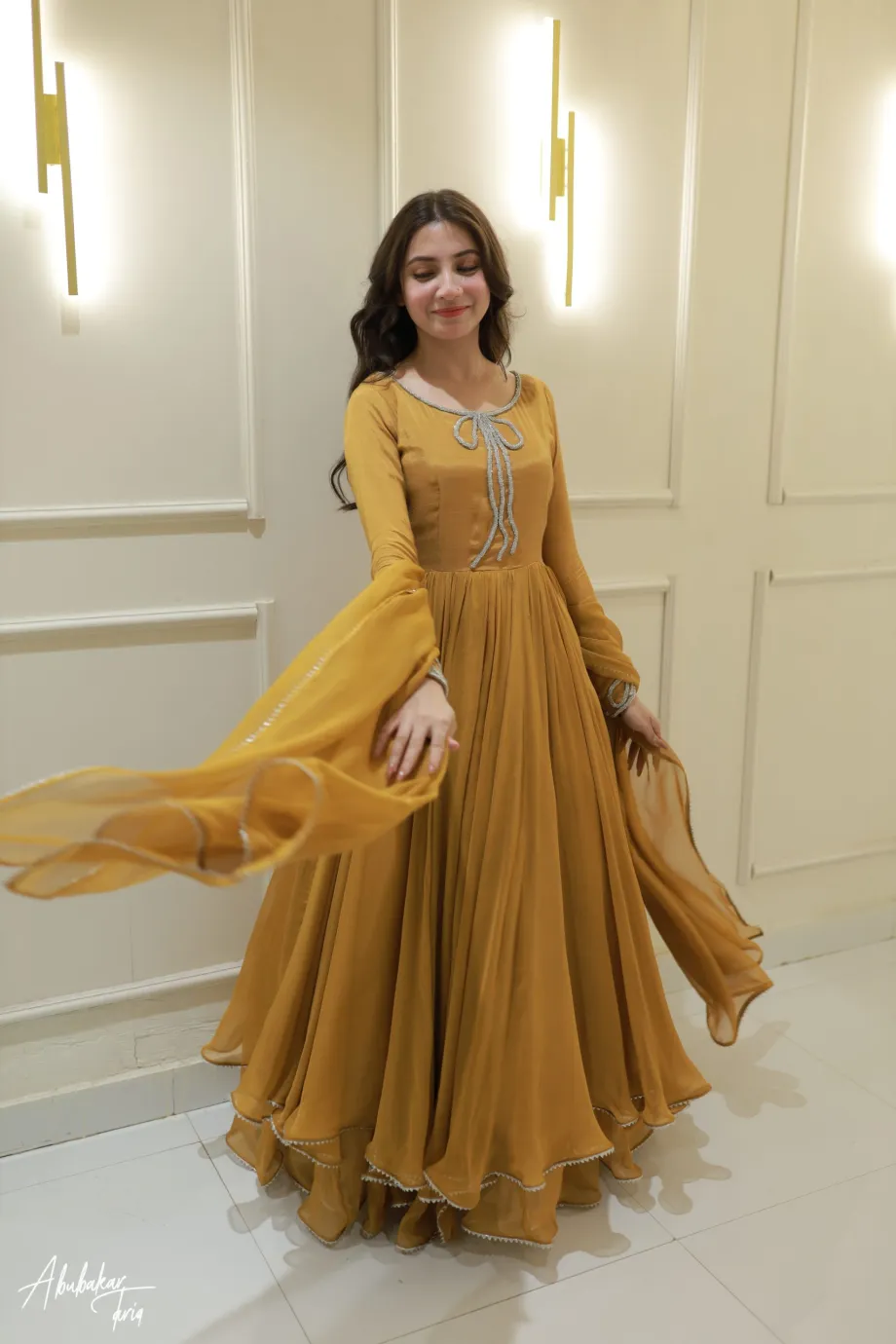 Solid Mustard Double Layer Anarkali Set With Dupatta