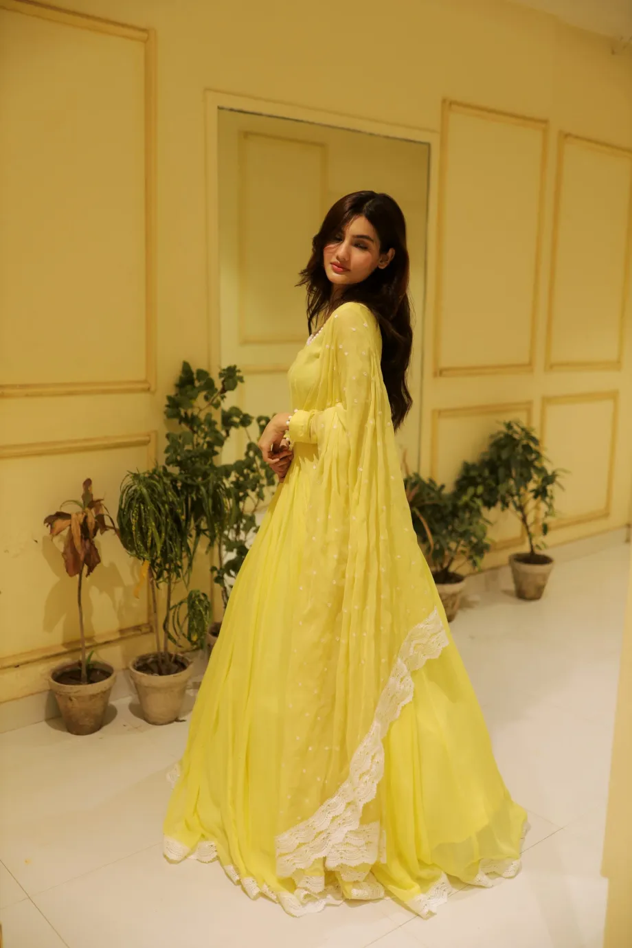 SOLID LEMON LONG FLAIR ANARKALI WITH DUPATTA