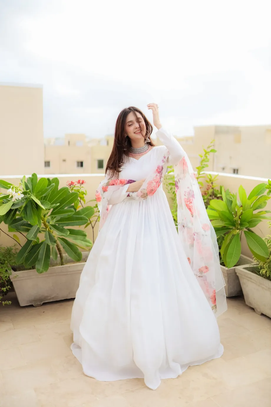 SOLID WHITE FLORAL DUPATTA WITH ANARKALI