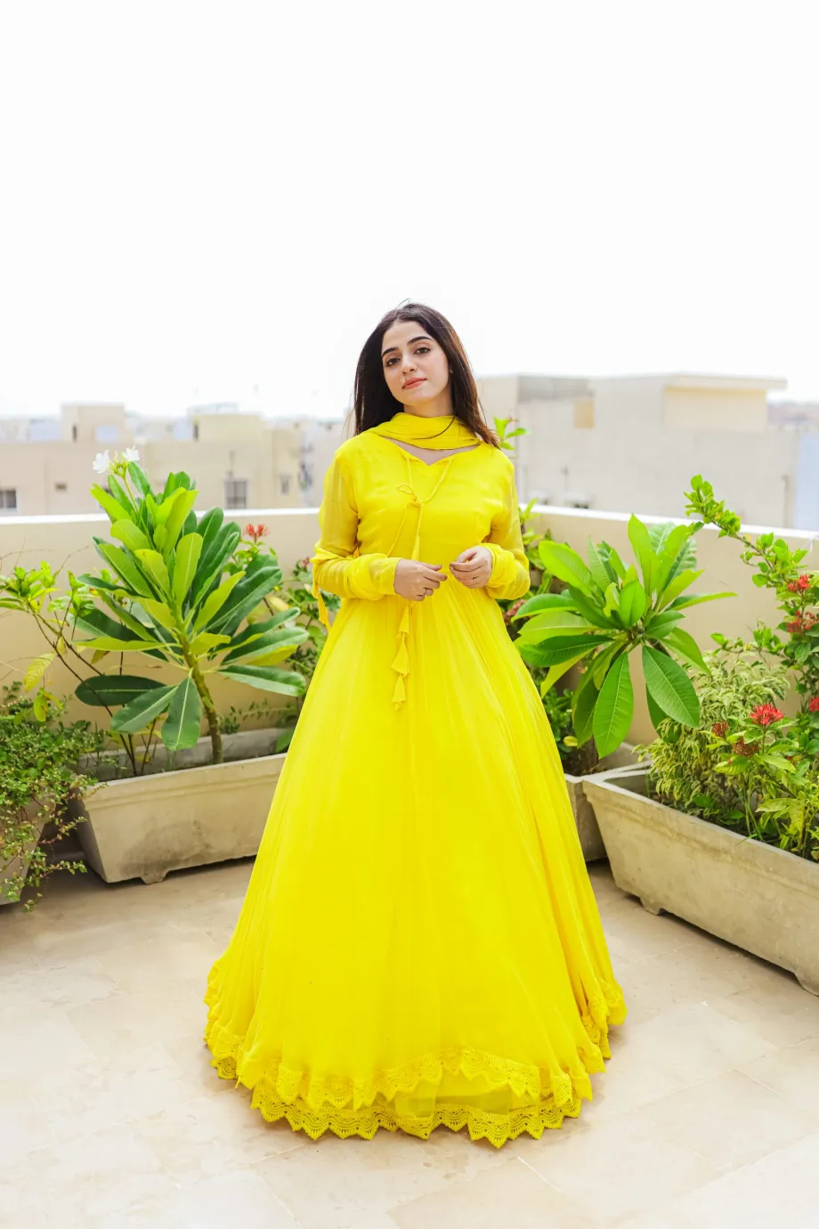SOLID YELLOW LONG DOUBLE FLAIR ANARKALI WITH DUPATTA